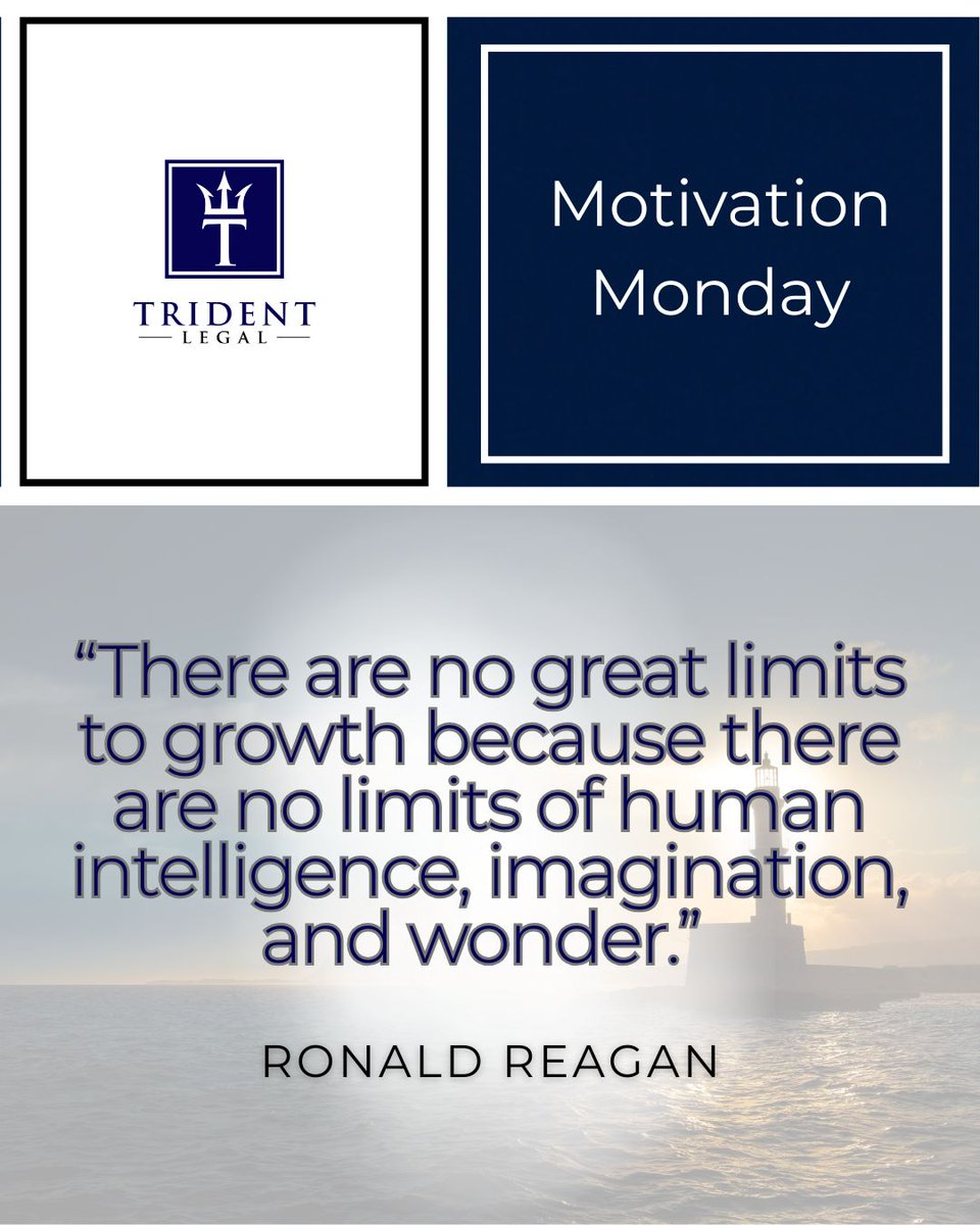TridentLegalLLC's tweet photo. “There are no great limits to growth because there are no limits of human intelligence, imagination, and wonder.” — Ronald Reagan

Leadership begins with vision.

#PresidentsDay #MotivationMonday https://t.co/MsV1Xt8CZu