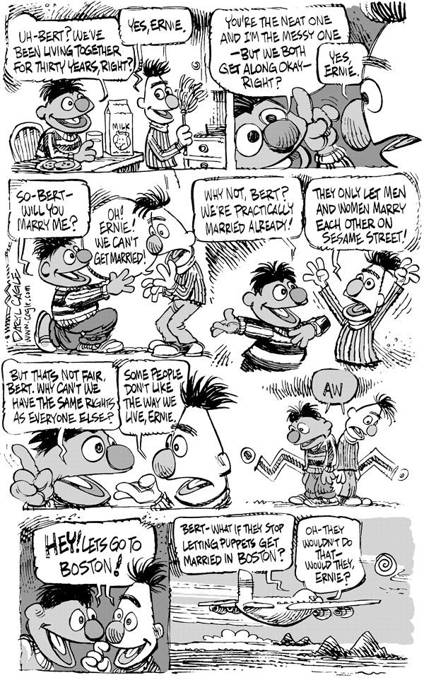 bluhairedspidey's tweet photo. Cartoonist Daryl Cagle (who worked with The Muppets 1979-93) drew this on Nov 23, 2003, five days after Massachusetts' ban on same-sex marriage was ruled unconstitutional, and 6 months before the first marriage licenses were issued to same-sex couples in the state https://t.co/NYbMFeOrz4