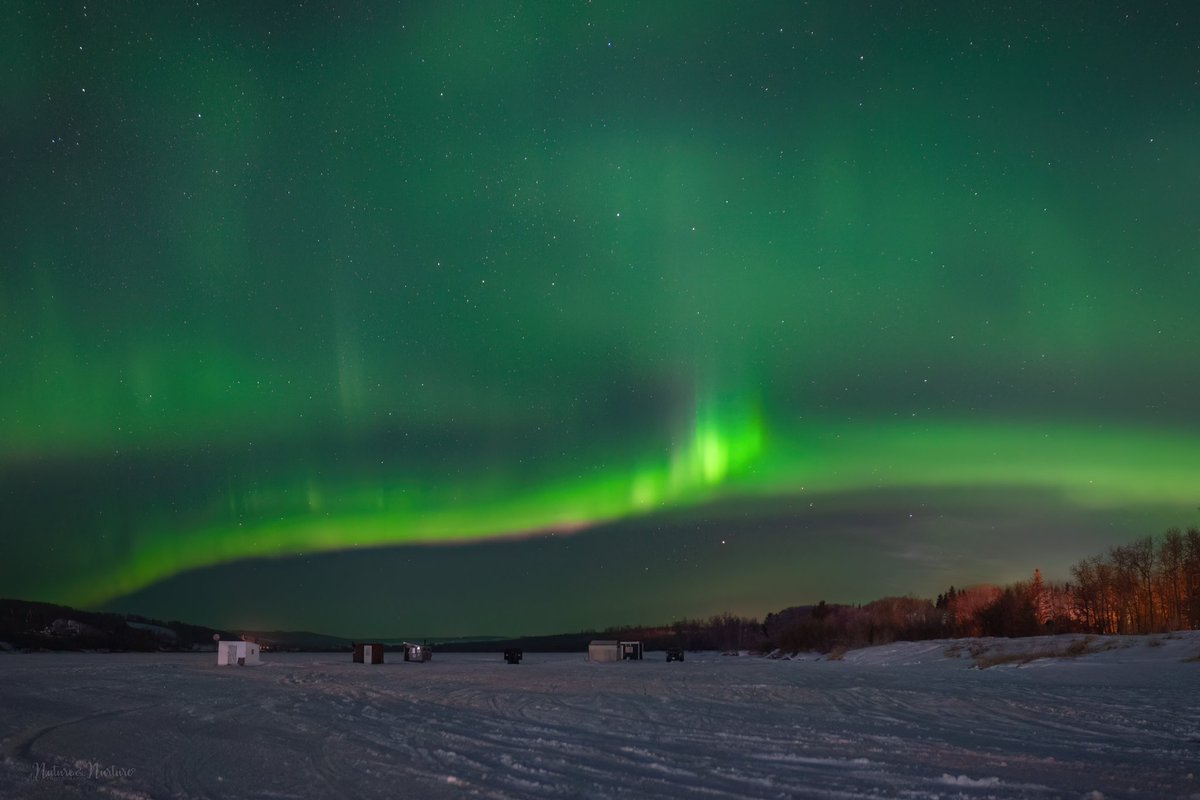 tracygregorash's tweet image. #Aurora over fishing shacks and a community event called “Skate The Lake” in #Minnedosa, #Manitoba. (Feb. 15, 2026)