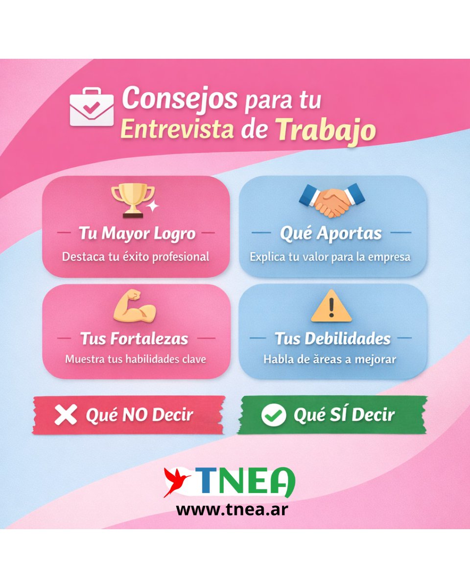 ¡Comenzó febrero y seguimos junto a vos!

Dominá tu Entrevista: Qué Decir y Qué Evitar
👥 tnea.ar . Ingresá a nuestra red e informate.

#TNEA #Chaco #Formosa #SantaFe #Misiones #Corrientes #Tucumán #SantiagodelEstero #Catamarca #empleoar #trabajoar