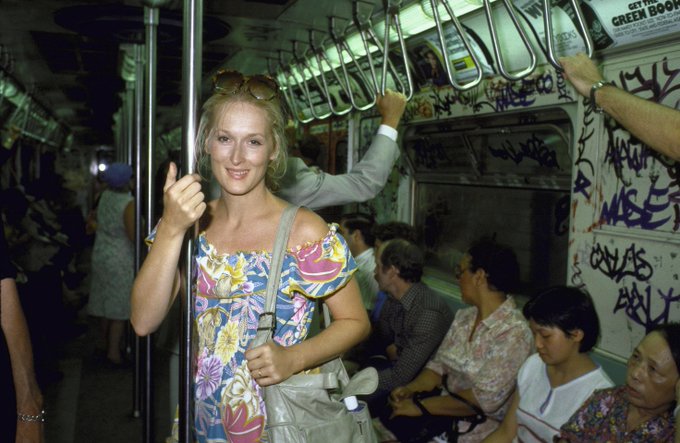 Gibboanxious's tweet photo. Meryl Streep, New York City subway, 1981 https://t.co/5C5Y5mugqU