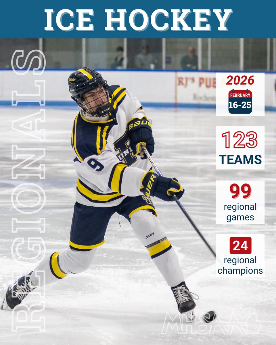 MHSAA's tweet image. 🏒 Ice Hockey Regionals begin tonight! Wishing all 123 teams the best of luck as they hit the ice and compete for a spot in the next round!🥅
🎟️Tickets: bit.ly/MHSAA-BuyTicke…
📺Watch live here: bit.ly/MHSAA-Watch-Ic…
#IceHockey #Regionals #Postseason #GoodLuck #GameTime #MHSAA