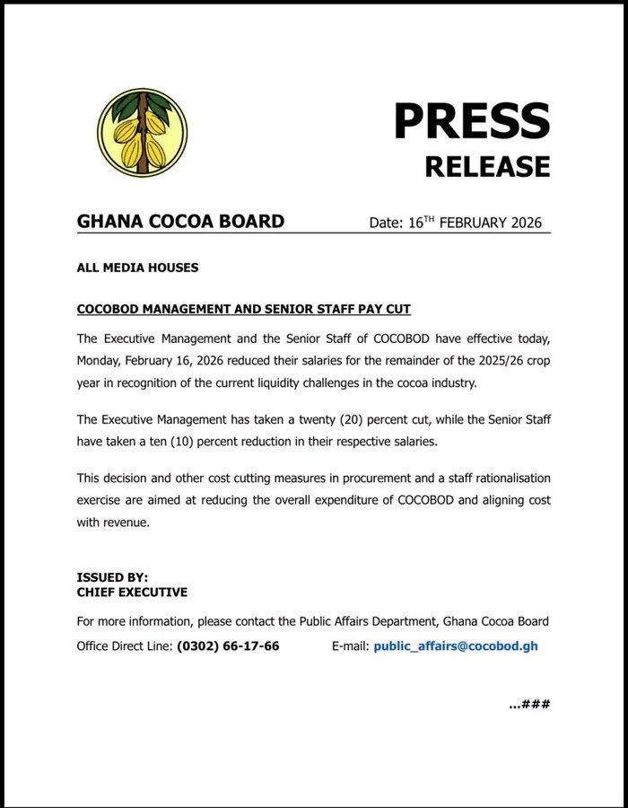 KwabreD's tweet photo. Press Release: COCOBOD Management and Senior Staff Pay Cut https://t.co/18y7tfpVXY