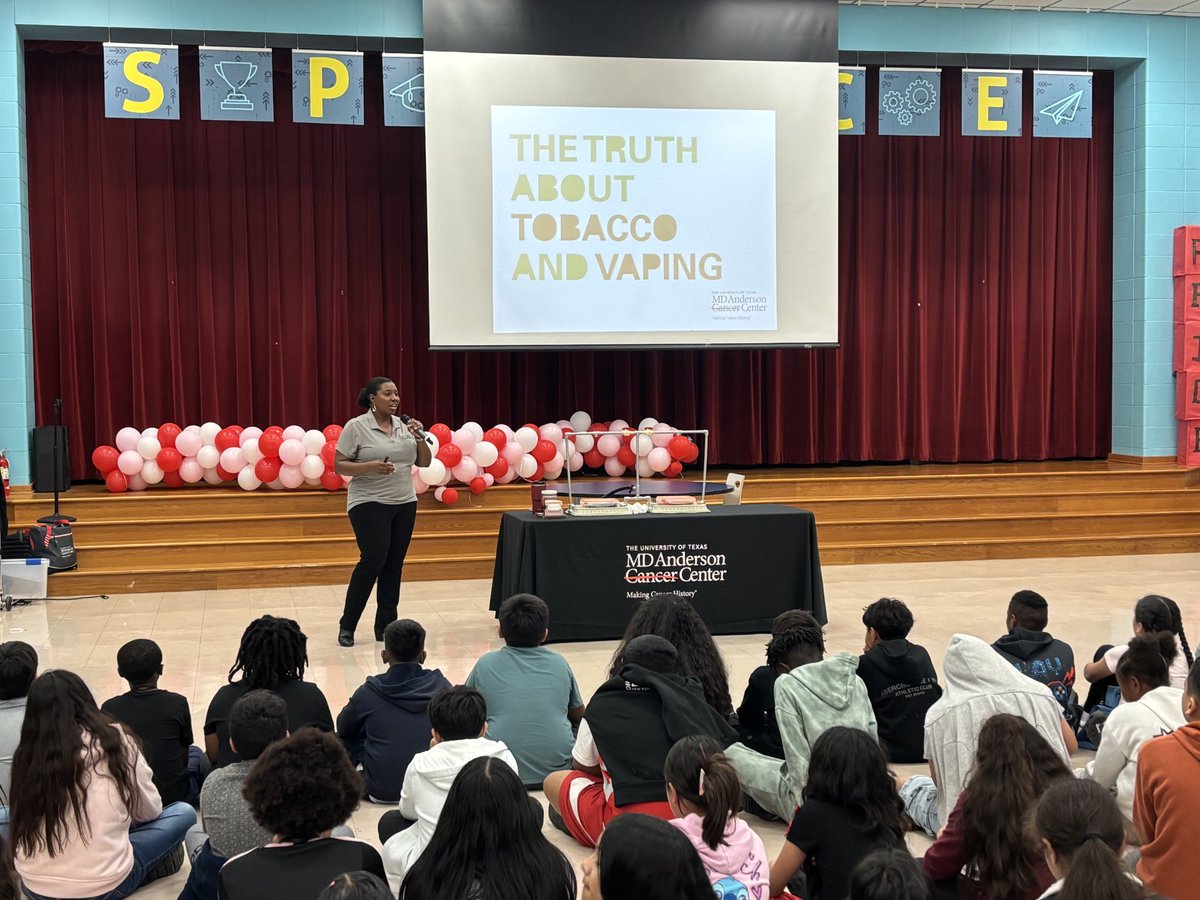 Luvelyo's tweet photo. @SammonsPE1 brought the energy and the P.R.I.D.E.! 🐴 

For our first visit, students were AMAZING — choosing health, leadership, and a tobacco- and vape-free future.

Thanks for teaming up with @MDAndersonNews to help keep students strong and cancer-free.
#EndCancer https://t.co/0vd36DnBZN