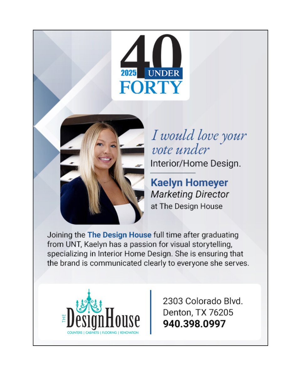 DesignHouse_DFW's tweet photo. Our Marketing Director, Kaelyn Homeyer, has been nominated for the 2026 40 Under Forty!

Cast your vote for Kaelyn at the link below or the link in our bio: https://t.co/f0DydHqHW9 https://t.co/ahKzcKAlrU