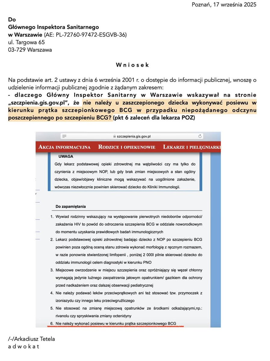 Jakiś czas temu Główny Inspektor Sanitarny odmówił odpowiedzi na pytanie, dlaczego na oficjalnej stronie GIS zalecano lekarzom, by w przypadku ciężkiego NOP po szczepieniu BCG:

„nie wykonywać posiewu w kierunku prątka szczepionkowego BCG”.

Czyli: dziecko ma powikłania po