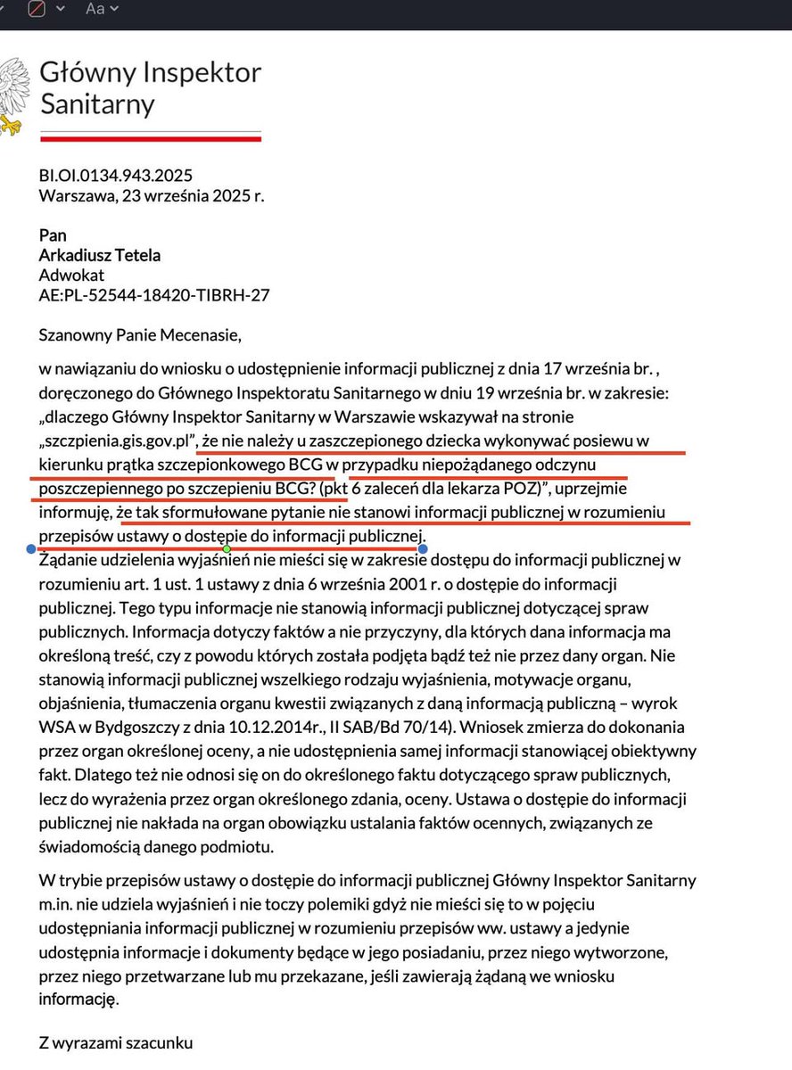 atmecom's tweet photo. Jakiś czas temu Główny Inspektor Sanitarny odmówił odpowiedzi na pytanie, dlaczego na oficjalnej stronie GIS zalecano lekarzom, by w przypadku ciężkiego NOP po szczepieniu BCG:

„nie wykonywać posiewu w kierunku prątka szczepionkowego BCG”.

Czyli: dziecko ma powikłania po szczepieniu… a państwowa instytucja sugeruje, by nie sprawdzać, czy doszło do zakażenia prątkiem szczepionkowym.

A jednocześnie dziś ten sam GIS publicznie przekonuje, że:

nie należy czekać na wynik badania SCID przed szczepieniem BCG, bo to choroba „ultra-rzadka”.

To jest logika nie do przyjęcia.

SCID to znane, bezwzględne przeciwwskazanie do BCG.
BCG u dziecka z niedoborem odporności może oznaczać:
-gruźlicę poszczepienną,
-zakażenie uogólnione,
- dramat całej rodziny i dziecka. 

I to nie jest teoria.

To jest rzeczywistość np. chorego Tośka, którego sprawa zawisła przed Sądem Okręgowym w Warszawie w 2018 r. i nadal jest w toku. Tak, nie było dotychczas nawet wyroku Sądu I instancji. Tosiek urodził się z niedoborem odporności i dostał „prezent” od państwa - gruźlicę poszczepienną, która zaatakowała rożne organy, w tym mózg. 

Państwo nie może zasłaniać się statystyką i jednocześnie odmawiać wyjaśnień, dlaczego ogranicza diagnostykę powikłań. Co ciekawe, to samo państwo, które w kwestii niedoborów zasłania się statystyką, w kwestii liczby przypadków występującej u dzieci gruźlicy poszczepiennej nie posiada danych w swoich rejestrach statystycznych, a według opinii niektórych konsultantów, jedyna gruźlica jaka występuje wśród dzieci, to ta poszczepienna. 

Bezpieczeństwo dzieci nie jest „ultra-rzadkie”. Jest absolutne.

W ok. 25 krajach Europy szczepienia dzieci są dobrowolne.
Bez systemu kar, grzywien i egzekucji administracyjnej.

Polska pozostaje jednym z nielicznych państw UE stosujących przymus i sankcje. W ochronie praw naszych dzieci jesteśmy dziś szczepionkowym skansenem Europy – za to prawdziwym eldorado dla big pharmy.

#SanepidPodKontrolaNIK_PK
#DobrowolnośćSzczepień
#PrawoRodziców