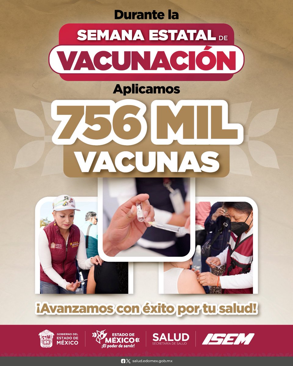 💉 ¡7️⃣5️⃣6️⃣ mil vacunas aplicadas en la Semana Estatal de Vacunación!
Muchas gracias a todo el personal médico que participó en esta jornada y a las y los mexiquenses que asistieron.
#ElPoderDeServir