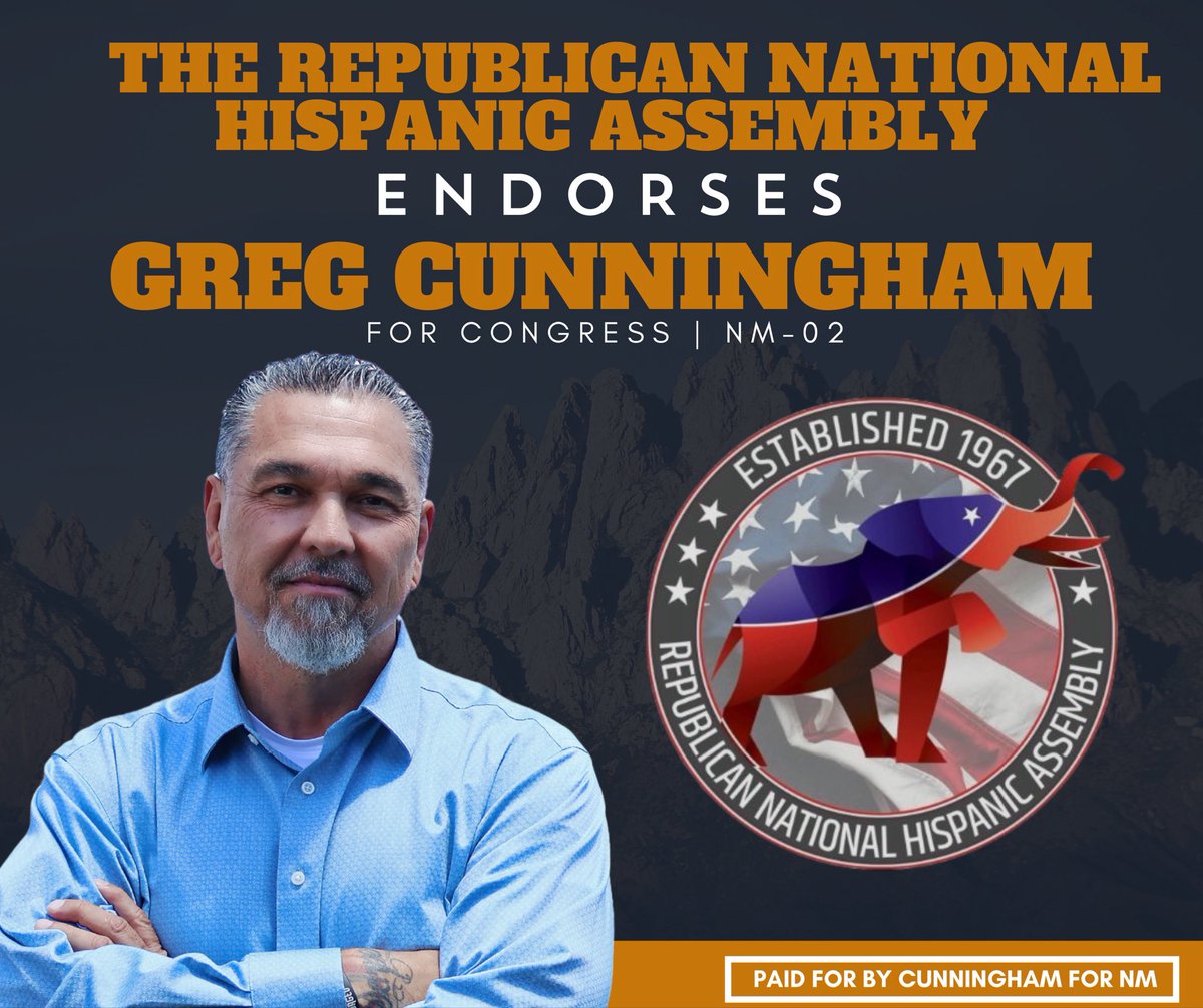 Honored to be endorsed for #NM02 by <a href="/OfficialRNHA/">Republican National Hispanic Assembly</a>! Conservative values mirror our Hispanic values: faith, family and freedom always come first.
