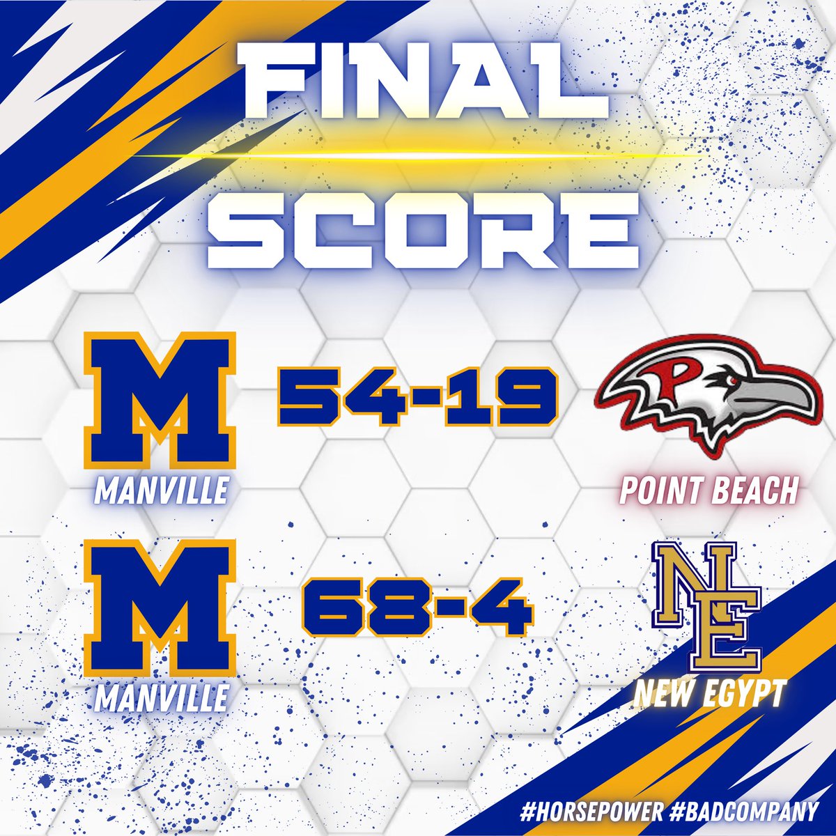 HorsePowerMHS's tweet photo. 🚨Back to the Section Finals!🚨

Mo and Cris change the number for wins 597 and 598. Cris picked up his 50th career victory today.  

We wrestle for a sectional title Wednesday night at Delaware Valley. 

#Horsepower #BadCompany #BleedBlueAndGold #MustangCountry #NJWrestling https://t.co/fcspbPF0OC