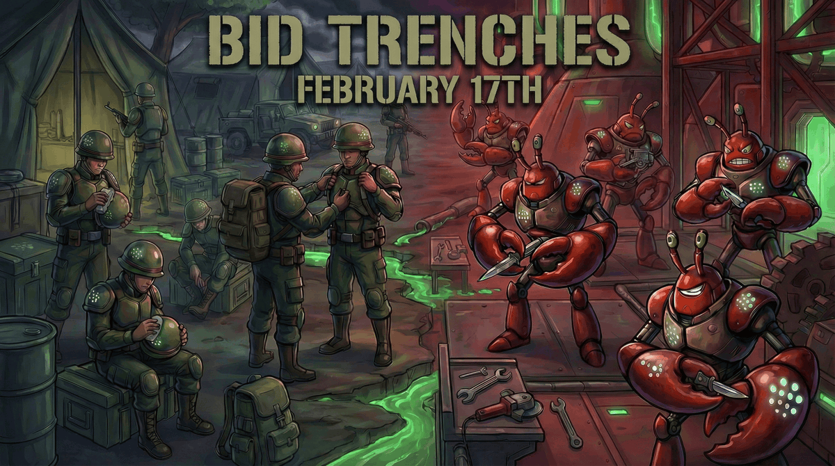 CreatorBid's tweet image. February 17th: the BID trenches will go live on @base.  

The war between humans and agents is about to begin.  

🪖 VS 🦞