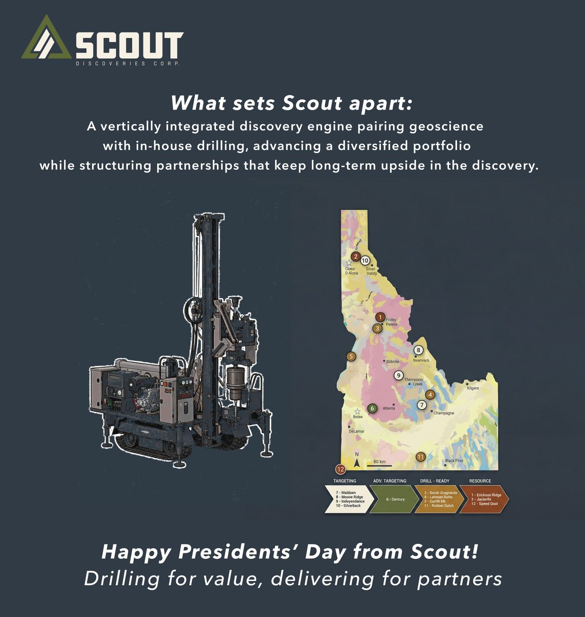 scoutdisco's tweet photo. Presidents’ Day is a reminder that policy decisions have repeatedly reshaped gold — from early U.S. coinage to restrictions on private ownership and the end of gold convertibility. 

Today, gold trades in a global market (around the ~$5,000/oz level intraday).

What hasn’t changed is how hard real discovery is. 

Scout is built to change that: a vertically integrated model pairing geoscience with in-house drilling, advancing a diversified portfolio, and structuring partnerships that preserve long-term upside while operating as a profitable business.

Happy Presidents’ Day from Scout.