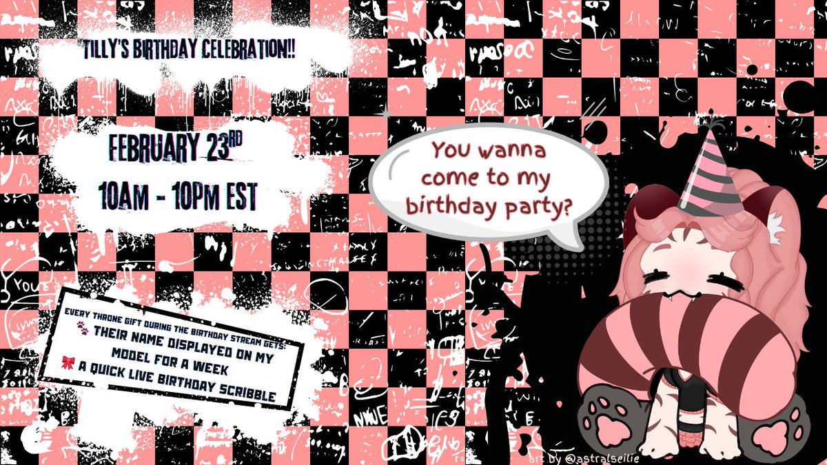 YOU WANNA COME TO MY BIRTHDAY PARTY?? 🎀🐯

Feb 23rd | 10AM–10PM EST | A 12-hour Enclosure tradition 🎉 

Wishlist in bio if you’d like to send a birthday surprise 💕

Stream gifts = name on model (1 week) + live doodle✨
Would love to see you there!!🩷