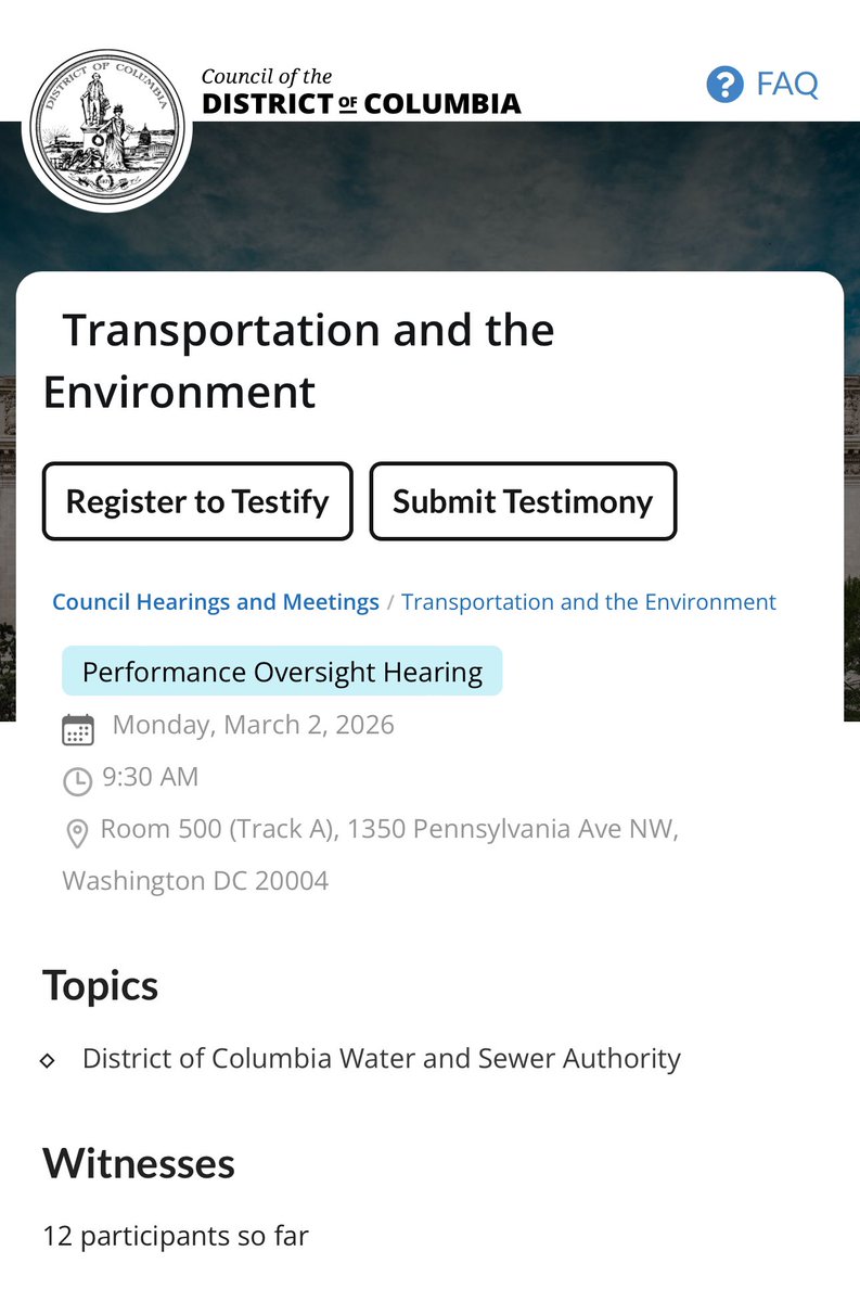 A total of *12 people* are currently registered to testify at the DC Council’s March 2 performance oversight hearing for DC Water FYI: lims.dccouncil.gov/Hearings/heari…