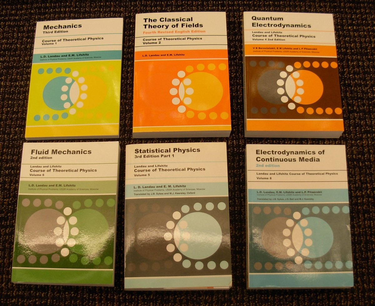 Course of Theoretical Physics 
by Lev Landau &amp; Evgeny Lifshitz

Vol 1. Mechanics 
Vol 2. The Classical Theory of Fields 
Vol 3. Quantum Mechanics: Non-Relativistic Theory 
Vol 4. Relativistic Quantum Theory 
Vol 5. Statistical Physics 
Vol 6. Fluid Mechanics 
Vol 7. Theory of