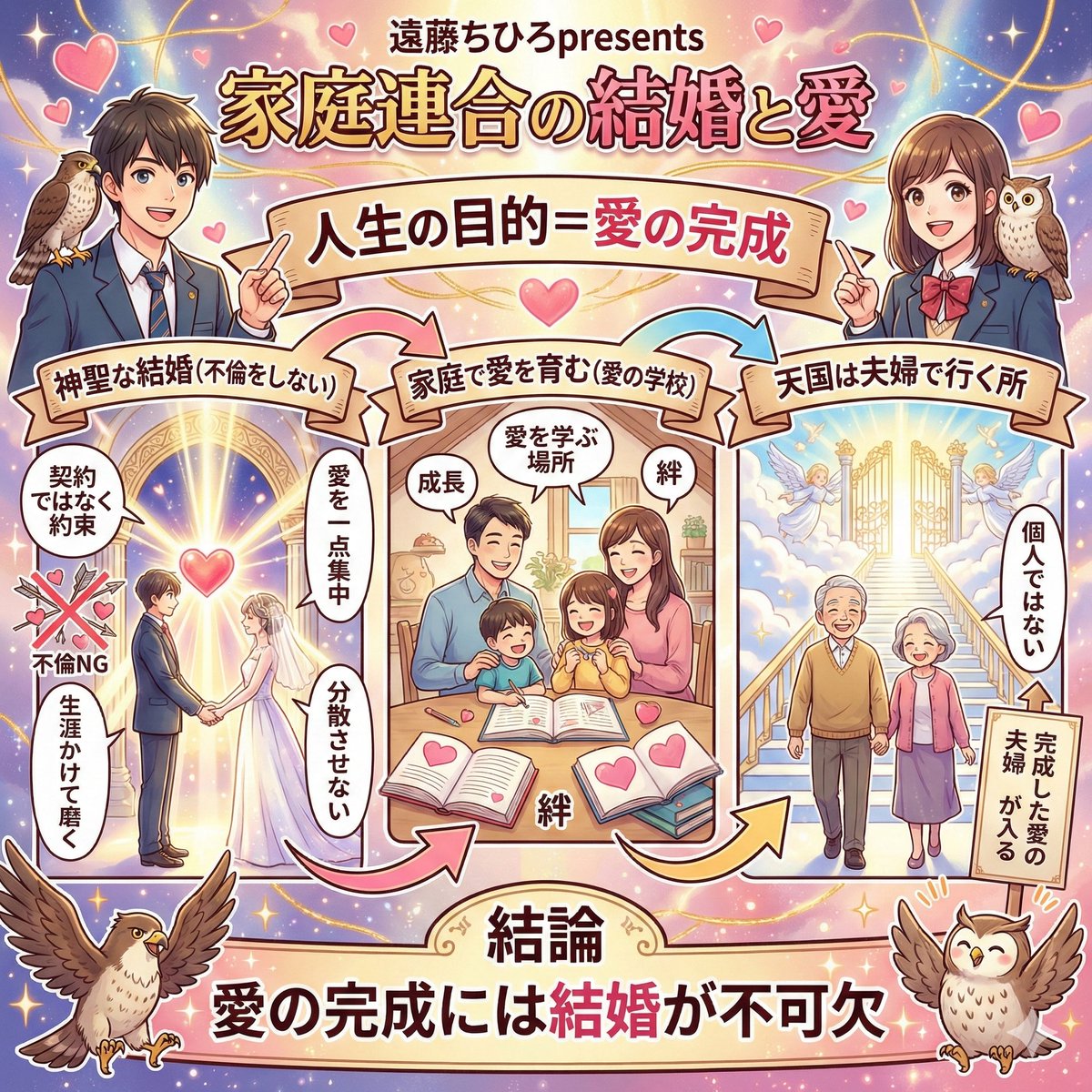 家庭連合では 人生の目的は愛の完成と説く 愛は結婚という神聖な約束の中で育ち 不倫を避け 一人の伴侶と生涯かけて磨かれる 家庭は愛の学校であり