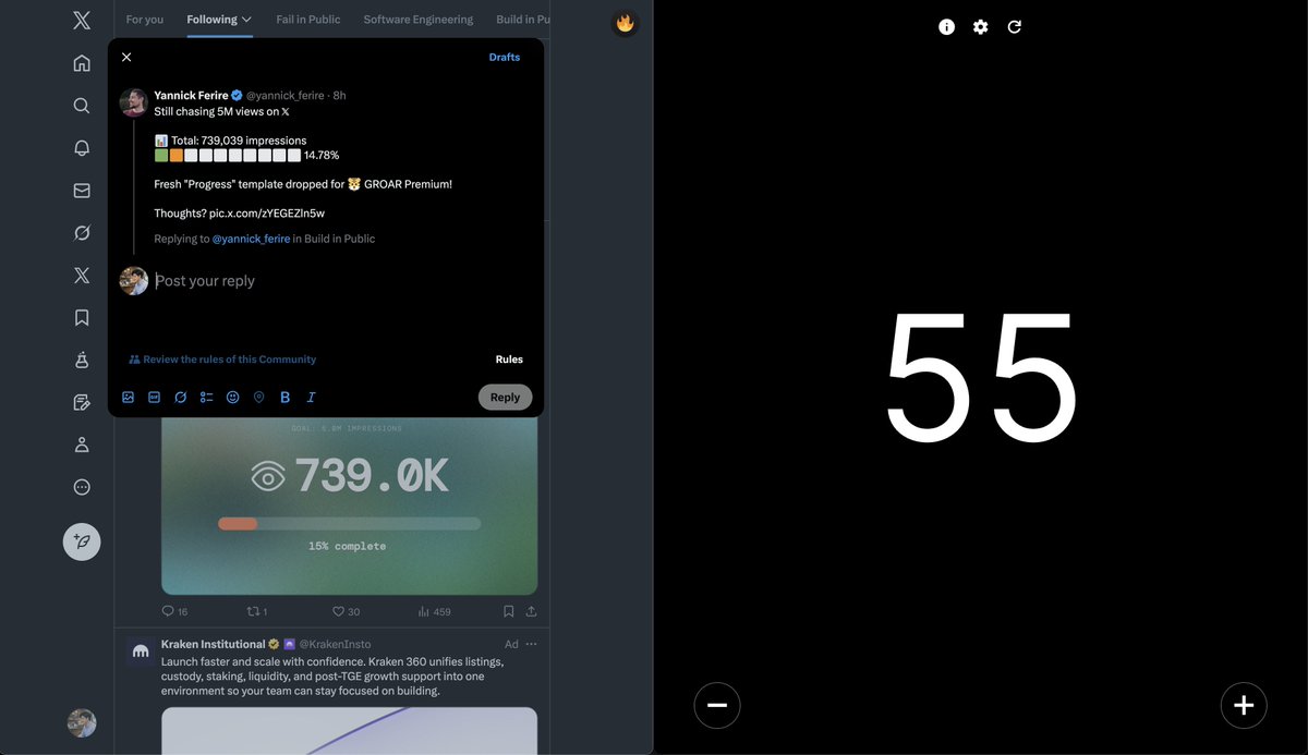 chillsoftware's tweet image. My new favorite setup for hitting +50 replies a day

X on the left, a simple counting app on the right.

I've always been a sucker for counters.