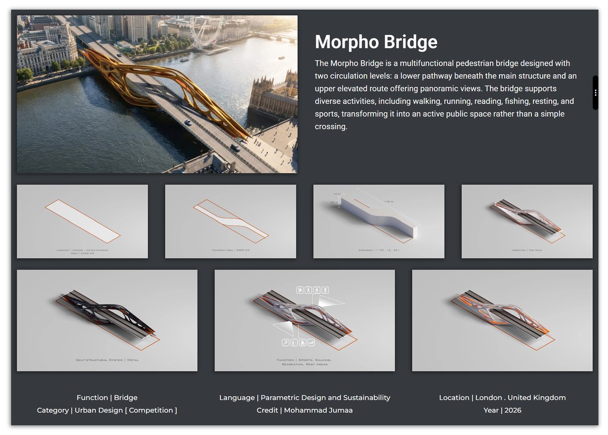 Sine__Studio's tweet photo. Morpho Bridge
_____________
Function | Bridge
Category | Urban Design
Language | Parametric Design
Credit | Mohammad Jumaa
Location | London . United Kingdom
Year | 2026
_____________
Link : https://t.co/MhB7xEoISR
_____________
Sine Studio https://t.co/Sv2DA4XBrc