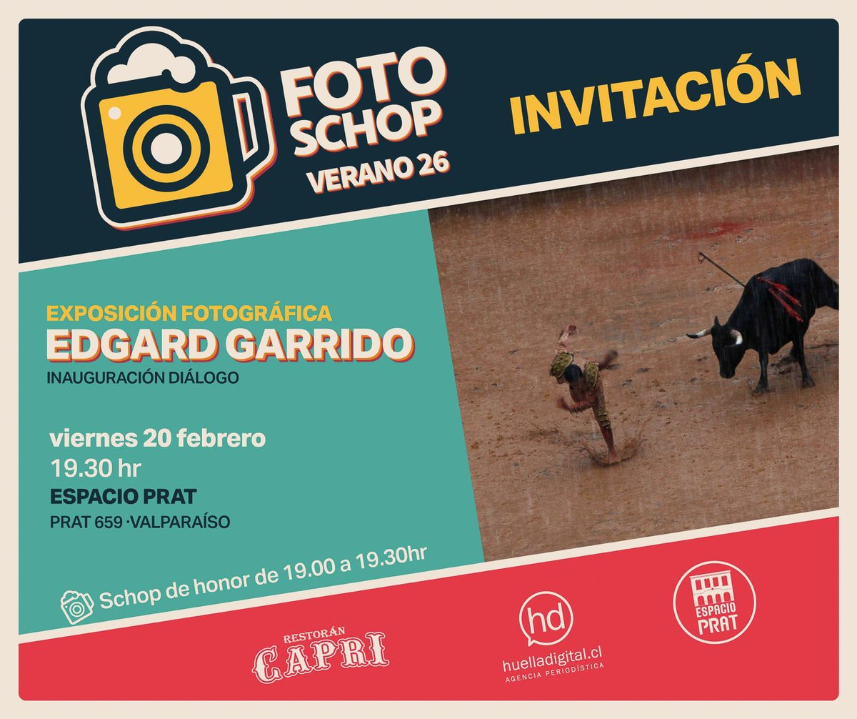 Panorama en #Valparaíso para los amantes de las fotos y la pilsen: Viernes 20, desde las 19 hrs, el 4to ciclo de exposiciones fotográficas FotoSchop (📸+🍻) en Espacio Prat (Prat 659). Es el turno de Edgard Garrido, primer chileno en ganar un Premio Pulitzer en fotoperiodismo 👍.