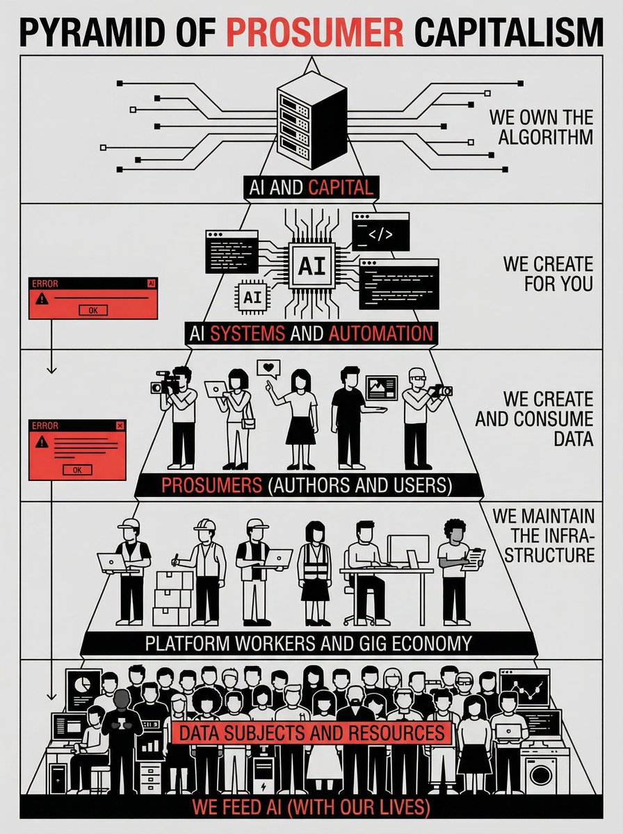 My dystopian  take on how I see the future of AI-powered prosumer society if all compute centralized among elites - an homage to the famous "Pyramid of Capitalist System" poster, 1911.

Am I wrong?