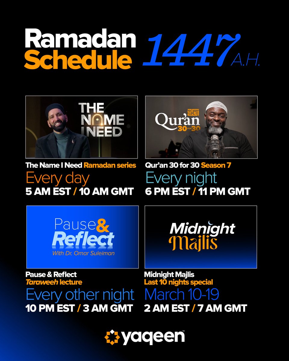 Your ultimate Ramadan 2026 experience is here! 🎉🌙

Join Yaqeen every day, starting February 18th, to dive deep into Allah's Names and so much more! We’ve got multiple series just for you, so mark your calendars and stay tuned! 📅 🔥