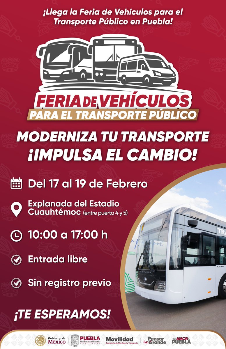 🚍✨ ¡La modernización del transporte público avanza en Puebla!

Te invitamos a la Feria de Vehículos para el Transporte Público, un espacio donde concesionarias y concesionarios podrán conocer nuevas unidades, opciones de financiamiento y alternativas para fortalecer un servicio