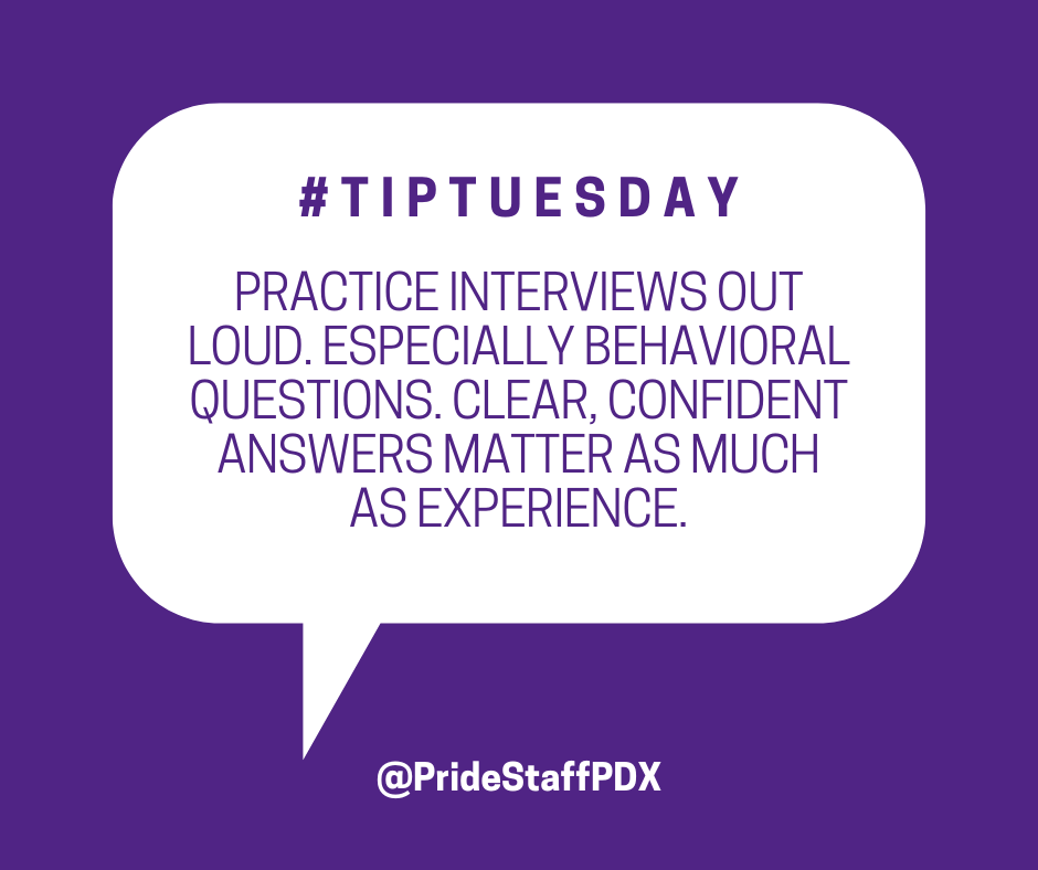 PrideStaffPDX's tweet photo. Practice answering interview questions out loud—especially behavioral ones. Clear, confident delivery matters just as much as your experience.

#TipTuesday https://t.co/bjHBk8pZcJ