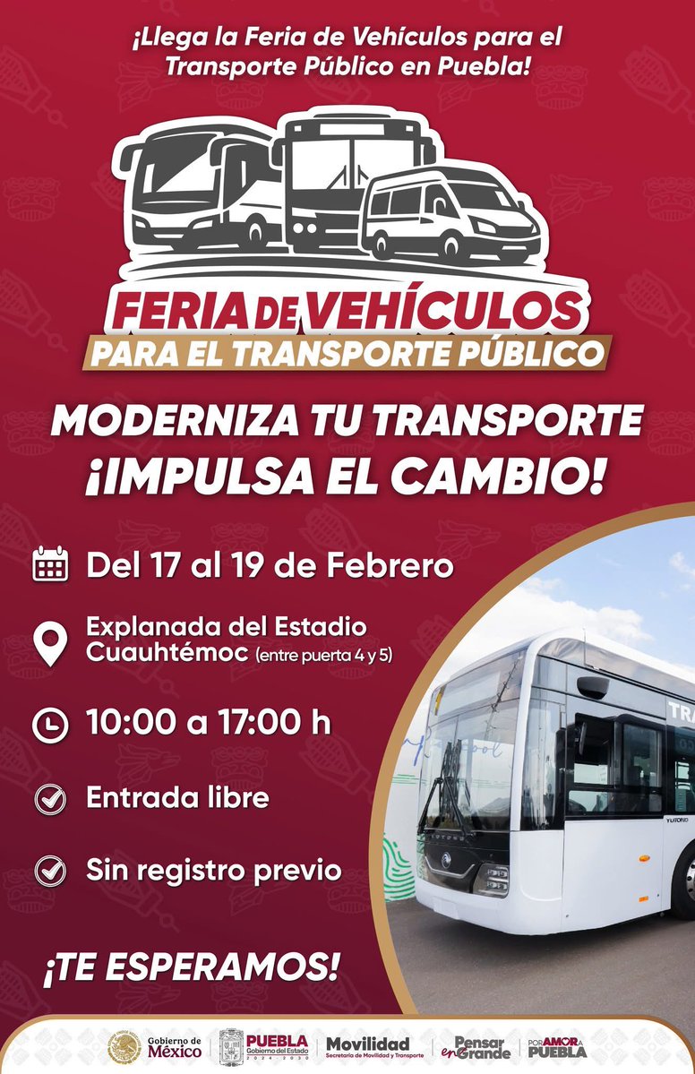 🚍🔥 #ENTÉRATE I Es momento de subirte al cambio

La movilidad en Puebla está evolucionando y tú puedes ser parte de la transformación.

La <a href="/MTGobPue/">Secretaría de Movilidad y Transporte</a> te invita a la “Feria de Vehículos para el transporte público” 

Es tu oportunidad para innovar, fortalecer tu servicio y dar el