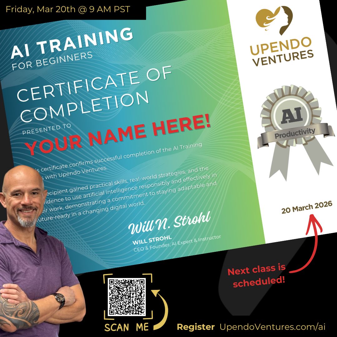 AI skills are quickly becoming a business advantage.

AI Training for Beginners helps today's worker build confidence with AI fast. 

Live on March 20. Early bird code UPENDOAI saves $50 til Feb 28. Certificate included. 
👉🏽 bit.ly/46a4uMq 

#AITraining #SmallBusiness