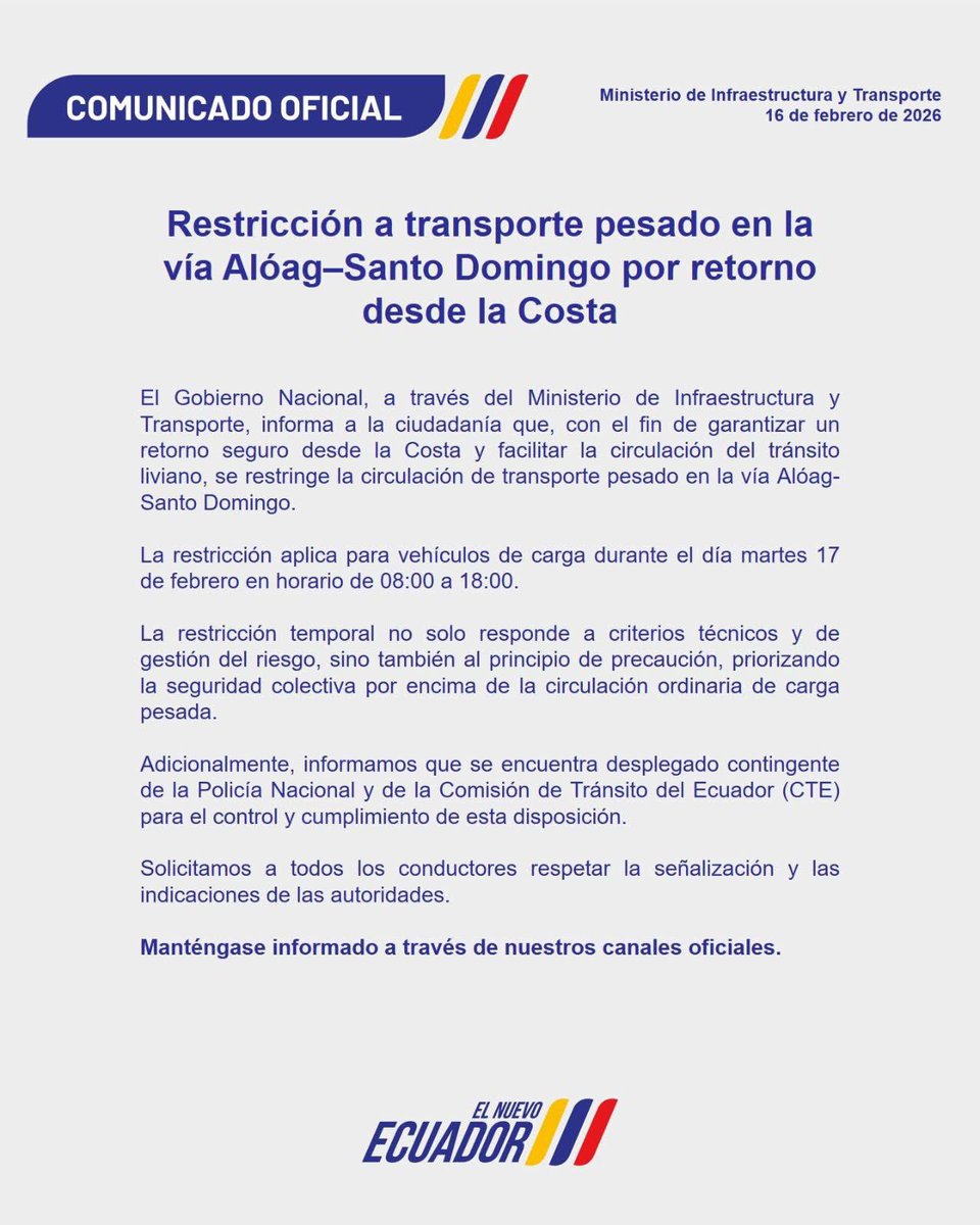 ¡ATENCION!
Con el fin de garantizar un mejor flujo vehicular hacia la capital, el <a href="/MIT_Ecuador/">Ministerio de Infraestructura y Transporte 🇪🇨</a> ha liderado a las diferentes instituciones.
Por favor tomar en cuenta este comunicado oficial del ente rector.