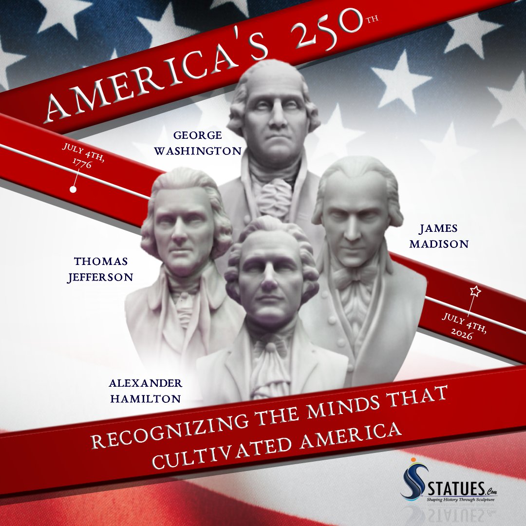 Statuescom's tweet photo. Did you know this is the United States' 250th birthday?

Many great minds pushed us forward, but these four truly made their mark on history.
Who do you want to see next?

#america250  #statues #georgewashington #hamilton #alexanderhamilton #jamesmaddison #thomasjefferson #art https://t.co/thZFVVDpfo