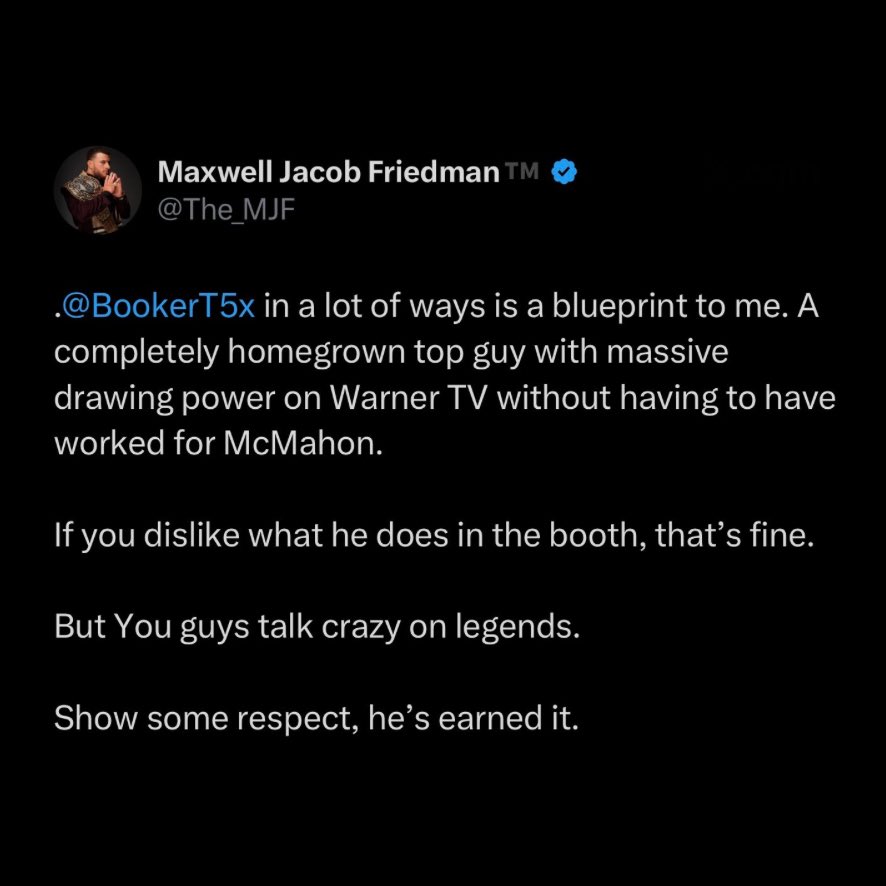 WrestlePurists's tweet image. MJF defends Booker T after he was voted the worst TV announcer in the WON Awards

“If you dislike what he does in the booth, that's fine. But You guys talk crazy on legends. Show some respect, he's earned it.”
