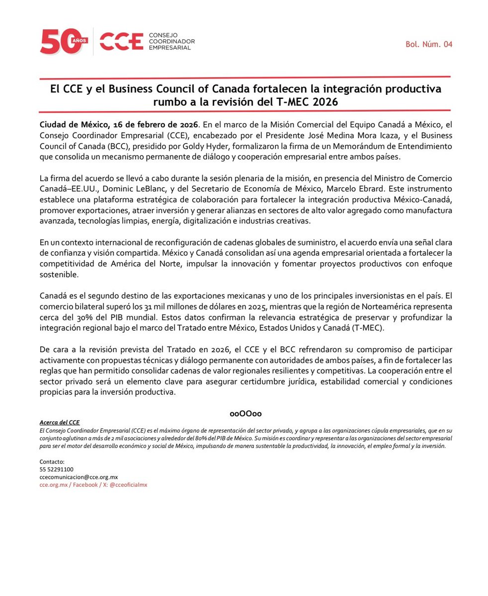 cceoficialmx's tweet photo. #Comunicado |  El #CCE y el Business Council of Canada (@BizCouncilofCan ) fortalecen la integración productiva rumbo a la revisión del T-MEC 2026. 

https://t.co/20dzUAB9LY https://t.co/yDul2Jc9DI