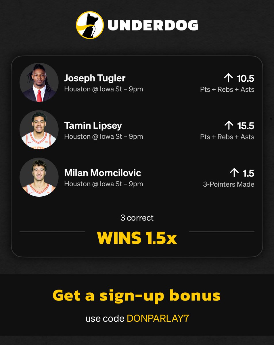 play.underdogfantasy.com/es-WolgFMP48b Parlay for CBB. Bankroll builder