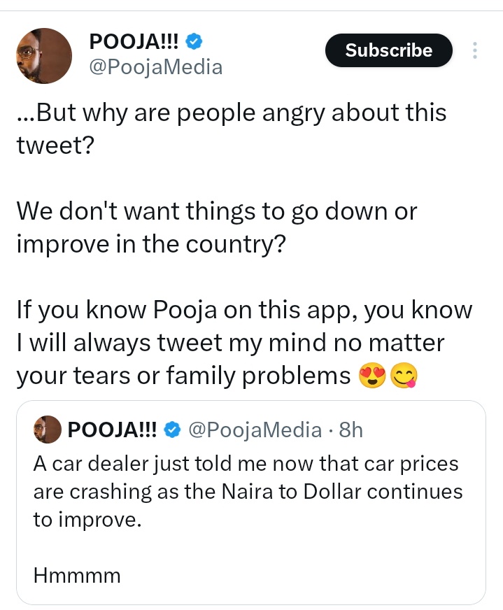 The truth is, some people don’t genuinely want things to improve in Nigeria. They want the situation to get worse so they can say, “We told you so.” They want hardship to continue so it can justify their political preference.
Some are hoping that if things get bad enough, their