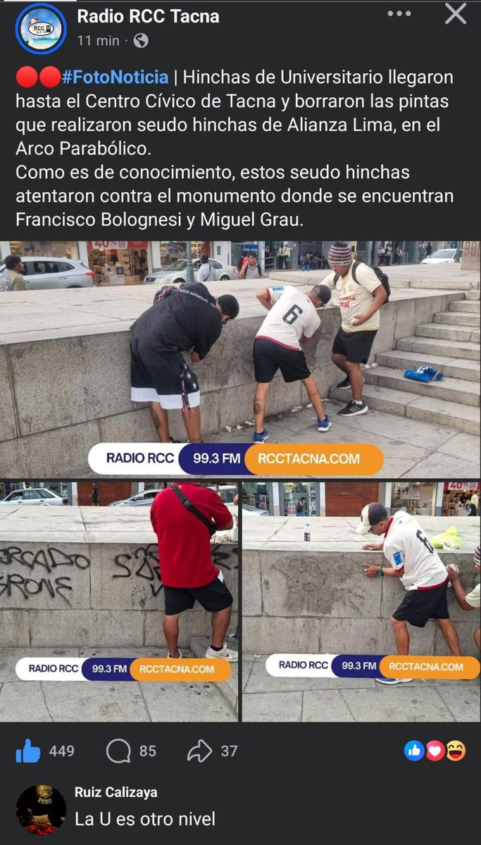Choca10's tweet photo. Aquí en Tacna, algunos hinchas de @ClubALoficial pintaron y dañaron la propiedad privada, además de lugares turísticos y símbolos patrios. Hinchas de @Universitario pintaron y limpiaron @Fajulenmi @tavo_serpa @Odriozola9 @redbear2506 @Tcrema @gatU_Crema @1924Meli @LalaFernanU https://t.co/TMU67mXfO6