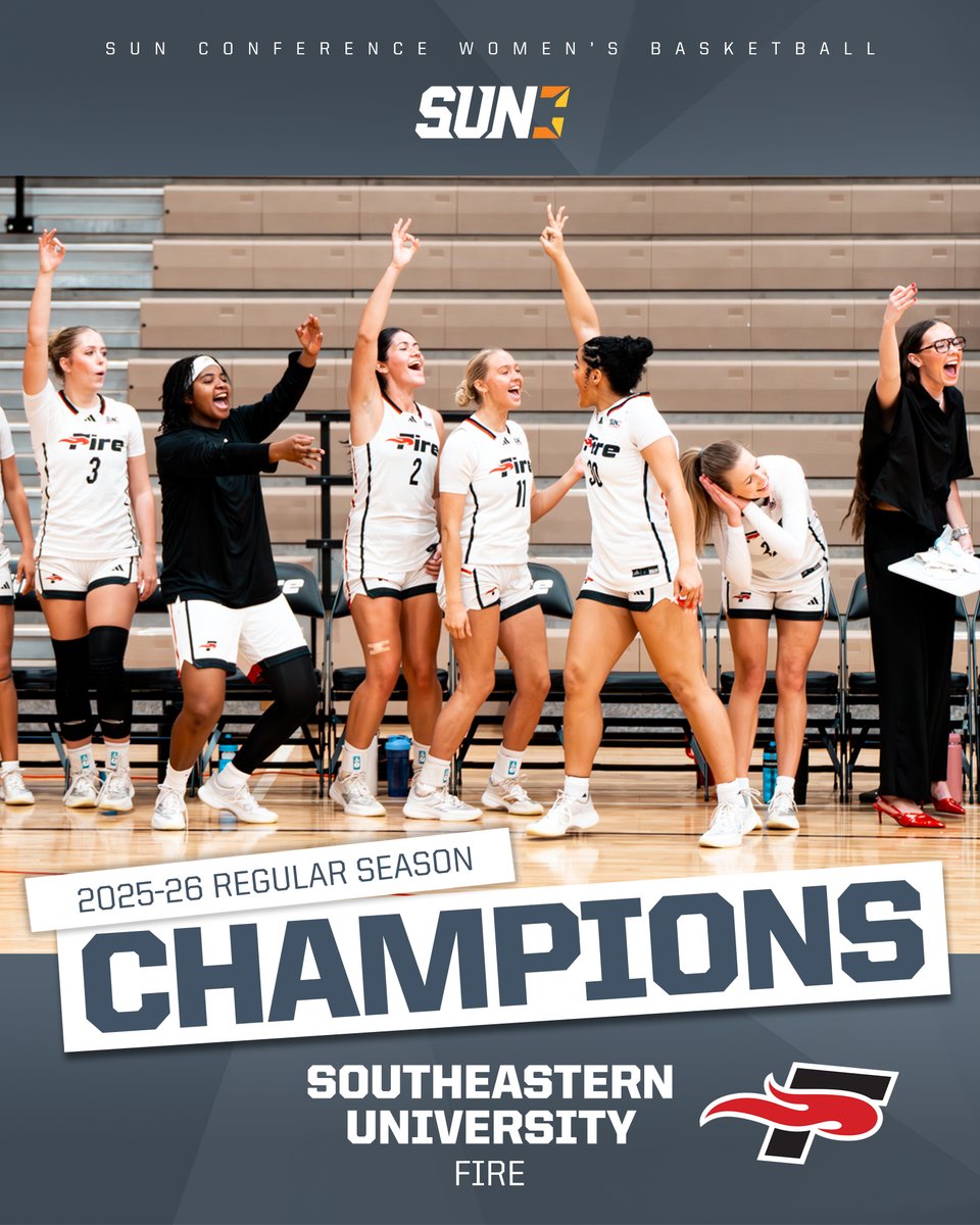 𝐒𝐨𝐦𝐞 𝐥𝐨𝐯𝐞 𝐟𝐨𝐫 𝐨𝐮𝐫 𝟐𝟎𝟐𝟓–𝟐𝟔 #𝐒𝐔𝐍𝐖𝐁𝐁 𝐑𝐄𝐆𝐔𝐋𝐀𝐑 𝐒𝐄𝐀𝐒𝐎𝐍 𝐂𝐇𝐀𝐌𝐏𝐒 🏆

<a href="/SEUFireWBB/">SEU Women's Basketball</a> locked up the regular season title last week, marking the program’s 𝐄𝐈𝐆𝐇𝐓𝐇 all-time and the right to host next week’s SUN Tournament!

Congrats, Fire! 🔥