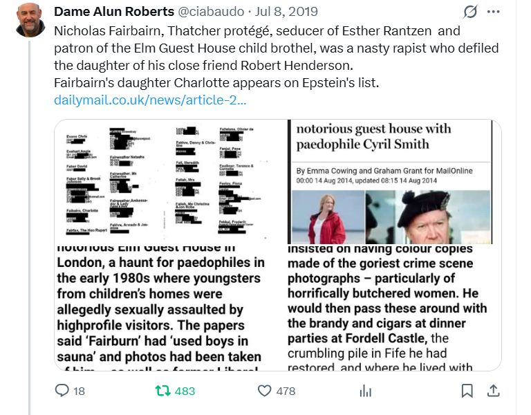 GoogleExpertUK's tweet image. Nicholas Fairbairn, Thatcher protégé, seducer of Esther Rantzen &amp;amp; patron of Elm Guest House child brothel, a nasty rapist who defiled daughter of Robert Henderson. Fairbairn's daughter Charlotte appears on Epstein's list.
@ciabaudo
x.com/ciabaudo/statu…
#socent🧩#activism