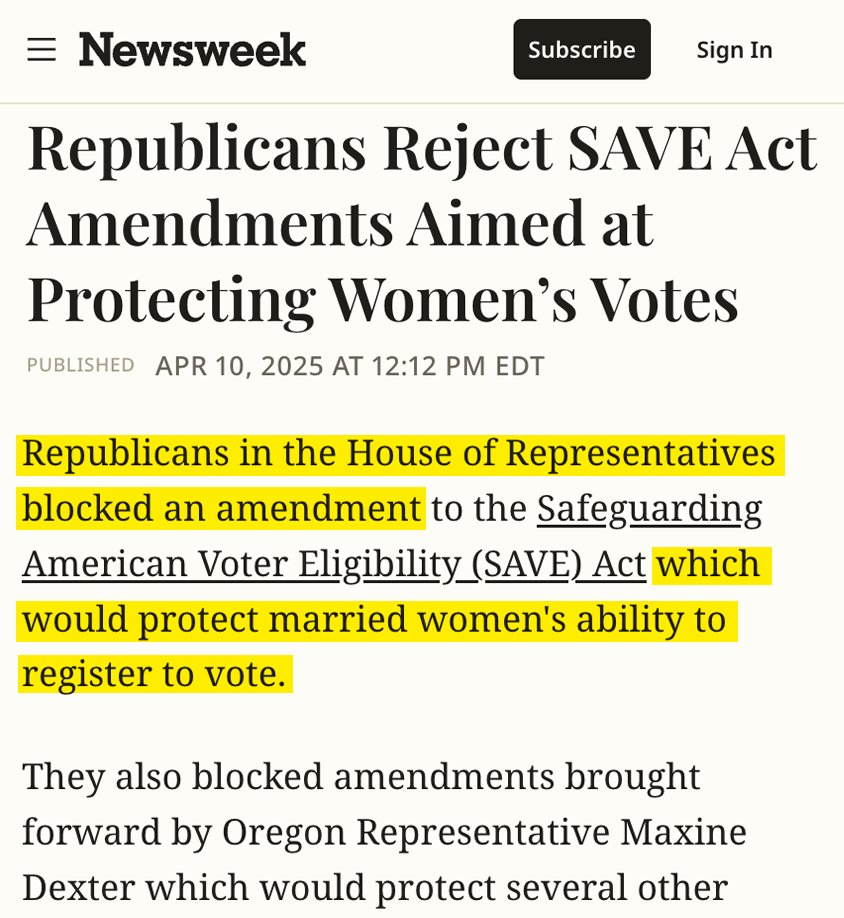 <a href="/DarrigoMelanie/">Melanie D'Arrigo</a> They know exactly what they’re doing.

When the SAVE Act came up in 2025, Republicans voted against an amendment to protect married women whose last names don’t match their birth certificates.

The bill's impact is intentional.

Link: newsweek.com/republicans-re…