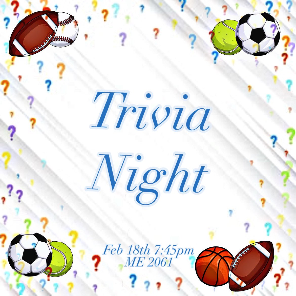 SA_Purdue's tweet photo. TRIVIA NIGHT‼️
This Wednesday at 7:45pm in ME 2061 pull up for some sports based trivia!!
Bring your friends or pull up solo to enjoy some ball knowledge fun and competition‼️ https://t.co/LZlQXApRFv