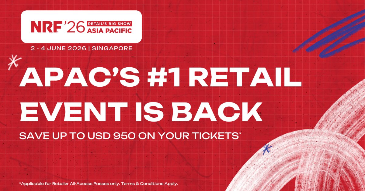powerretail's tweet photo. APAC's premier retail event is back — and this is your chance to maximise savings on tickets 🎯

NRF 2026: Retail's Big Show Asia Pacific returns to Singapore this June with The Next Now, bringing together 13,000+ retail professionals from 80+ countries.

Register by 31 March and save USD $750 with Early Bird pricing (U.P. USD $1,499).

🎁 First-time attendees get an extra USD $200 Travel Rebate (first 100 only) — use code NRFTRAVEL200 for a total of USD $950 off! ✈️

What you can expect this June:

✨ Learn from 150+ C-suite leaders shaping the industry 
✨ Explore 300+ solutions across AI, payments, supply chain & customer experience
✨ Network with the right people — 2,500+ retail brands, 50+ associations 

✨ Experience breakthrough innovations at the expanded NRF Innovators Showcase

This is where retail's future takes shape.

Learn more about NRF 2026 APAC: https://t.co/2WVybIFtWs

#NRF2026APAC #RetailInnovation #TheNextNow 

*Applicable for Retailers All-Access Passes Only. Terms and Conditions apply.