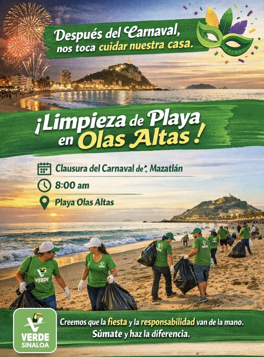 Después del Carnaval, nos toca cuidar nuestra casa.
Te invitamos mañana a sumarte a la Limpieza de Playa en Olas Altas para despedir nuestra máxima fiesta del Carnaval de Mazatlán
a las 8am
Como Partido Verde de Mazatlán creemos que la fiesta y la responsabilidad pueden ir de la