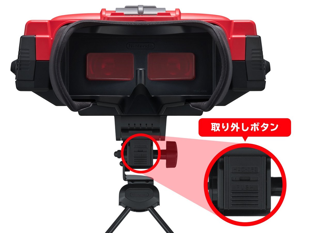 「バーチャルボーイ for Nintendo Switch 2/Nintendo Switch」をお使いの際は、スタンドに取り付ける向きにご注意ください。「取り外しボタン」がレンズ側を向くように取り付けるのが正しい向きです。