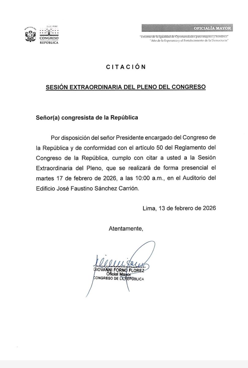 🚨El Pleno extraordinario de mañana será presencial. Según el Reglamento del Congreso, el quorum se calcula sobre el número legal de parlamentarios, descontando a quienes estén de licencia, suspendidos o no incorporados; de ese total se requiere la mitad más uno para instalar la