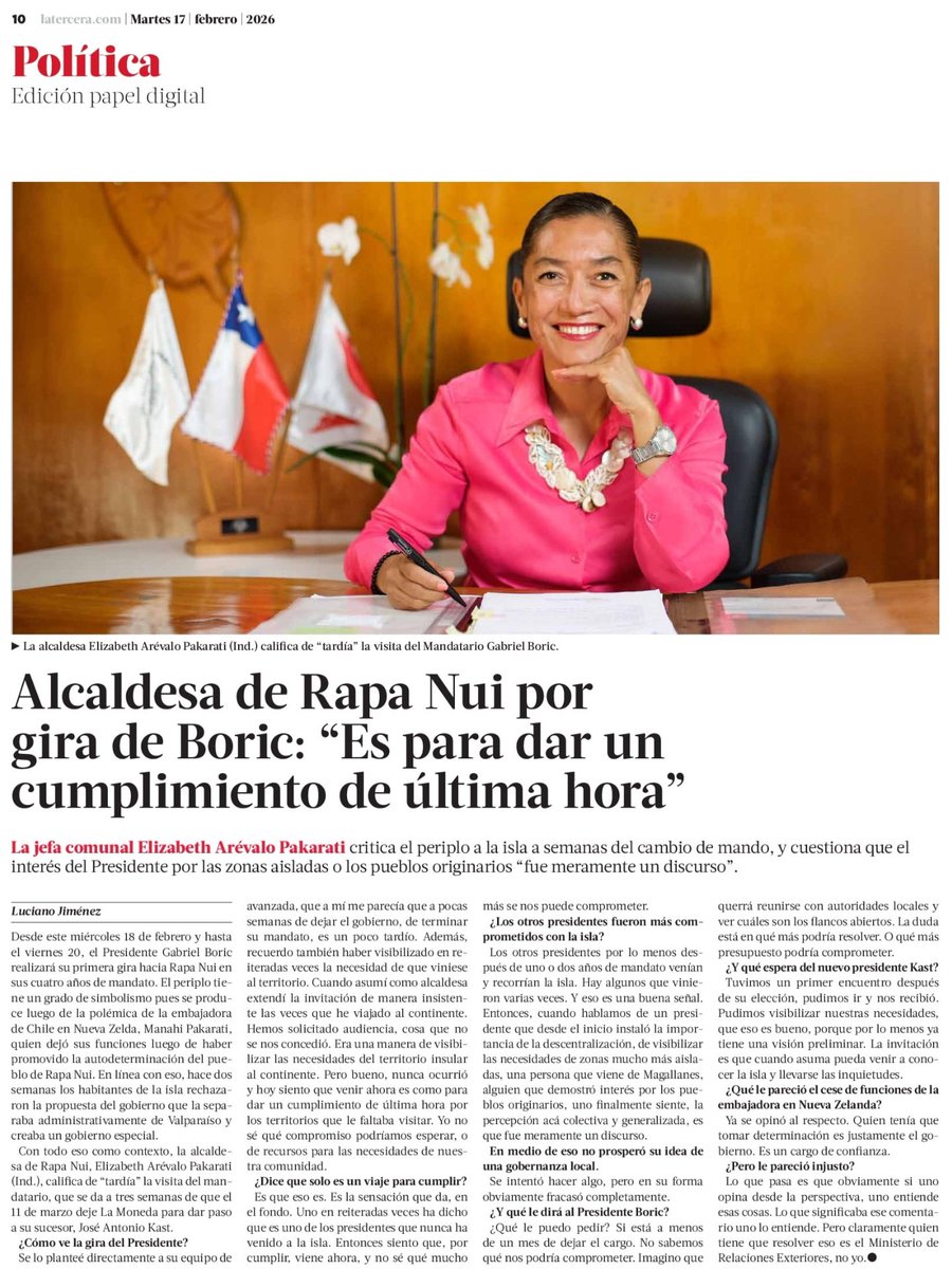 📰 Alcaldesa de Rapa Nui por gira de Boric:

🔴 “Es para dar un cumplimiento de última hora”