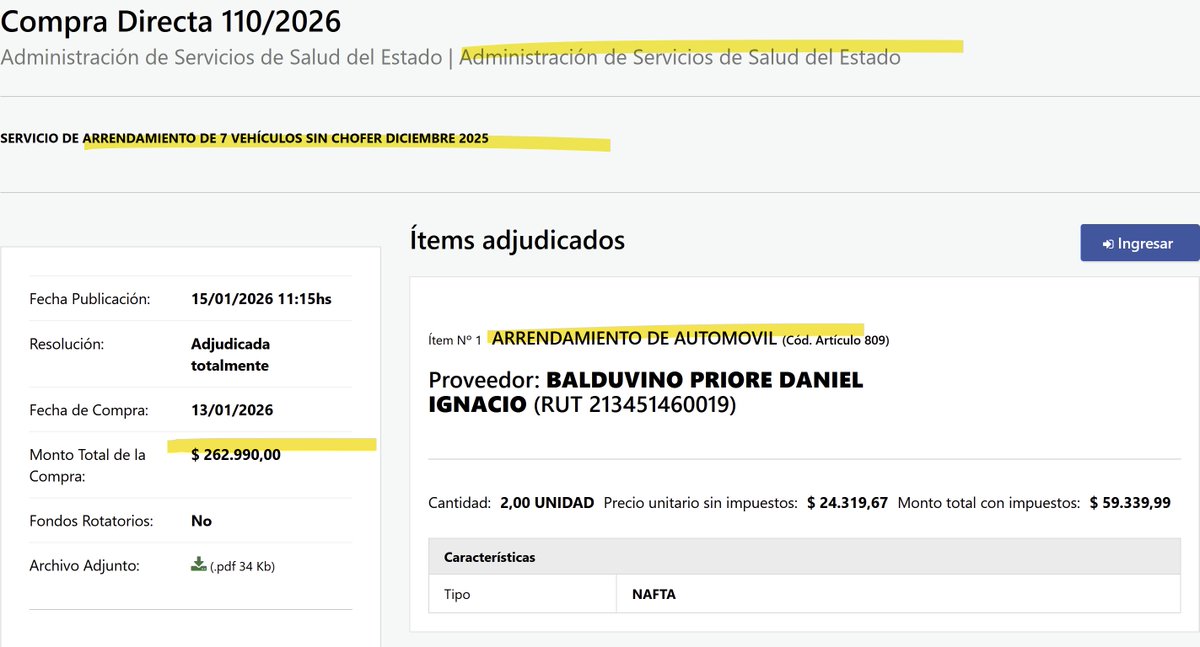 AUTOS: Los uruguayos pagamos $ 262.990 por SERVICIO DE ARRENDAMIENTO DE 7 VEHÍCULOS para la Administración de Servicios de Salud del Estado (ASSE)
