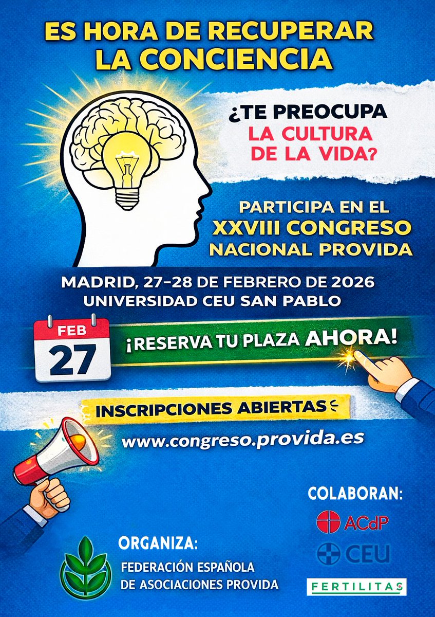 🧠 Es hora de recuperar la conciencia

La defensa de la vida necesita personas formadas y comprometidas.

📍 Madrid | 27–28 febrero 2026
🎓 Universidad CEU San Pablo

¡Participa!

🎟️ Inscríbete:
🌐 congreso.provida.es

#RecuperarLaConciencia #CongresoProvida #CompromisoSocial