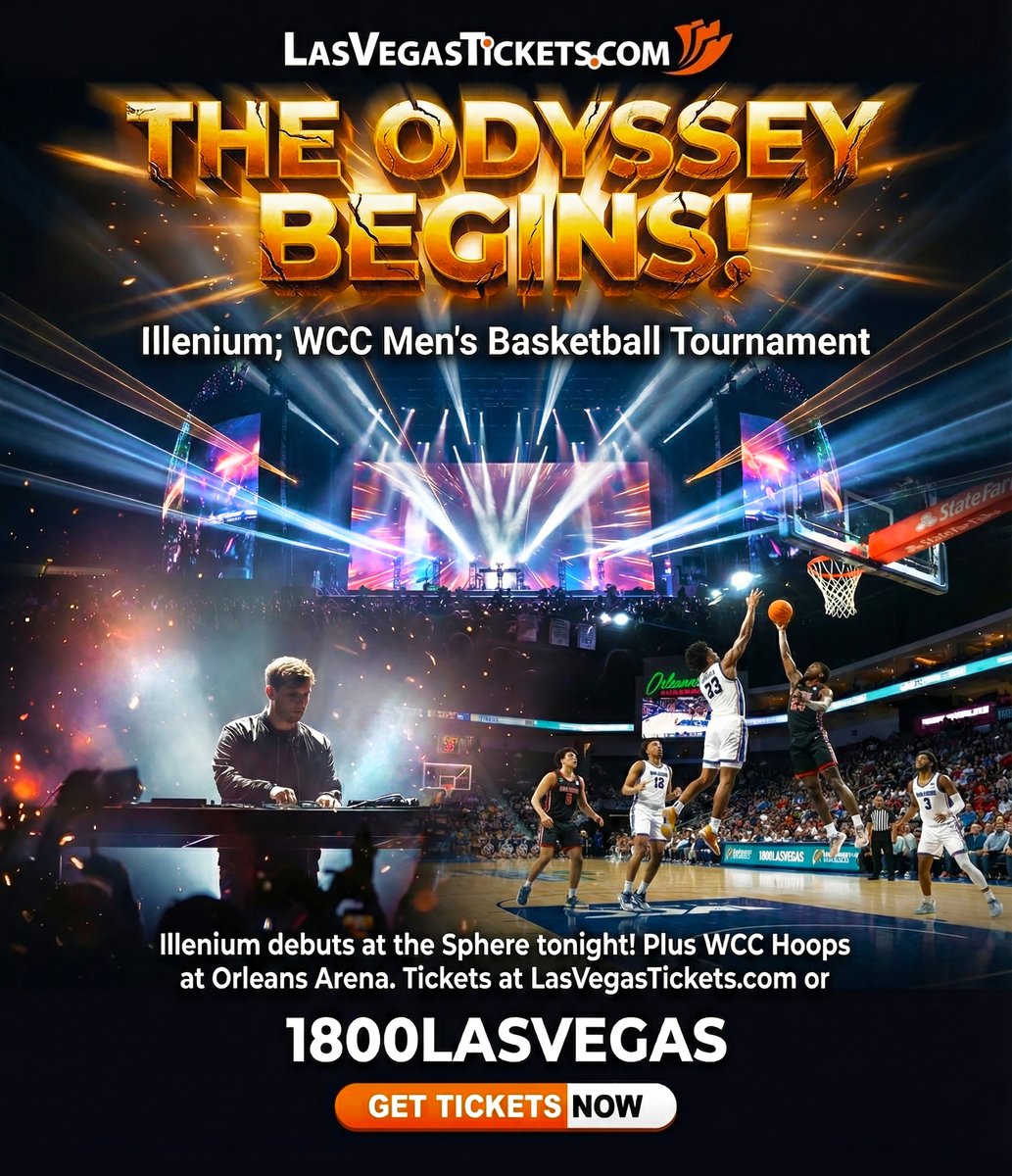 LVTickets's tweet image. THE ODYSSEY BEGINS! 🎧 Illenium debuts at the Sphere tonight 3/5/26. 👉 PLUS WCC Hoops at Orleans Arena. Tickets at lasvegastickets.com or 1800LASVEGAS!

#IlleniumSphere #WCC #CollegeHoops #TheSphere #LVTickets #Illenium #SphereVegas #MarchMadness