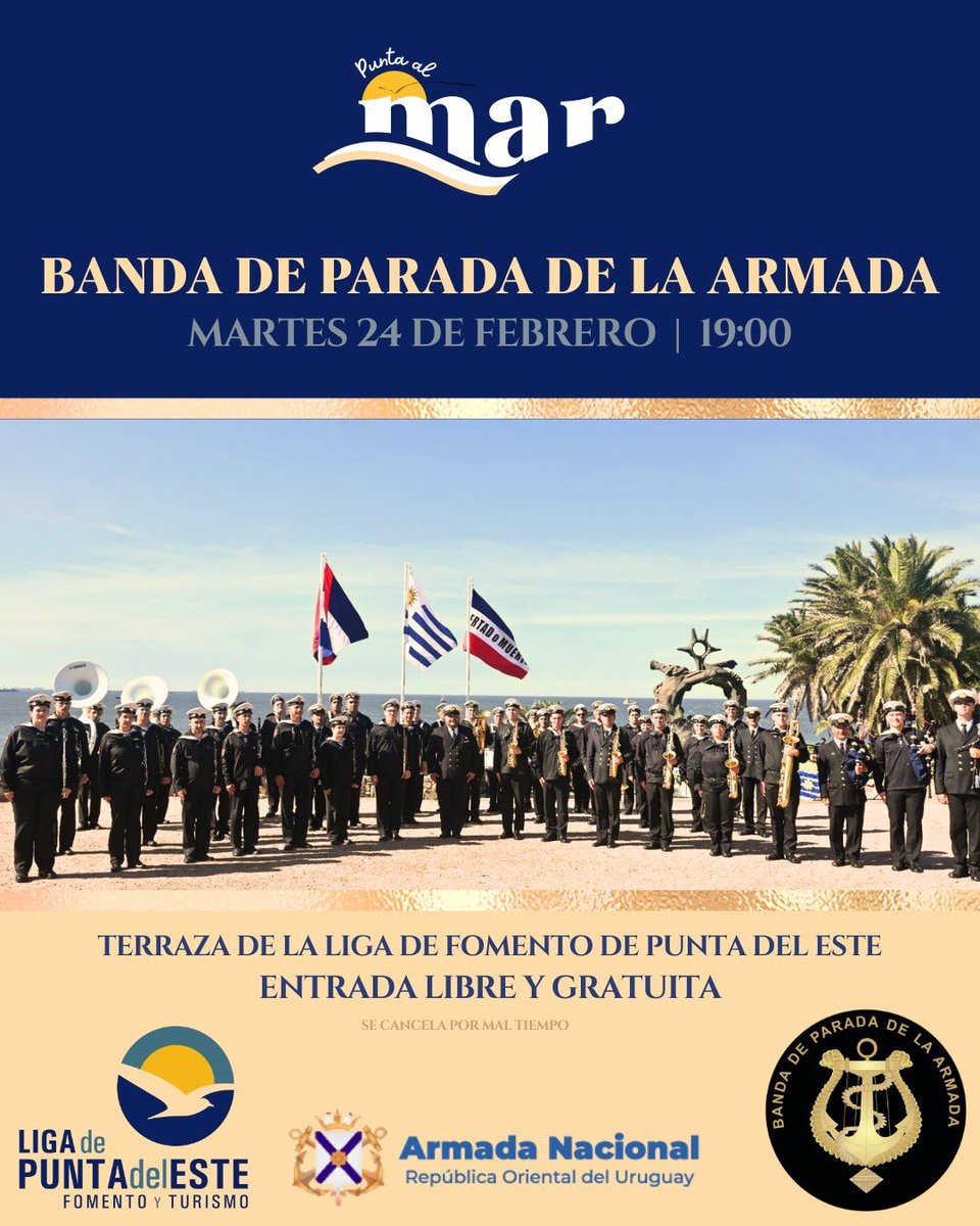 Desde la #LigaPunta invitamos, en el ciclo “Punta al Mar 2026”, al cierre del mes con la presentación de la Banda de Parada de la Armada Nacional en la terraza de la Liga. 

Espectáculo musical abierto al público.

📅 Martes 24 de febrero
🕖 19:00 horas