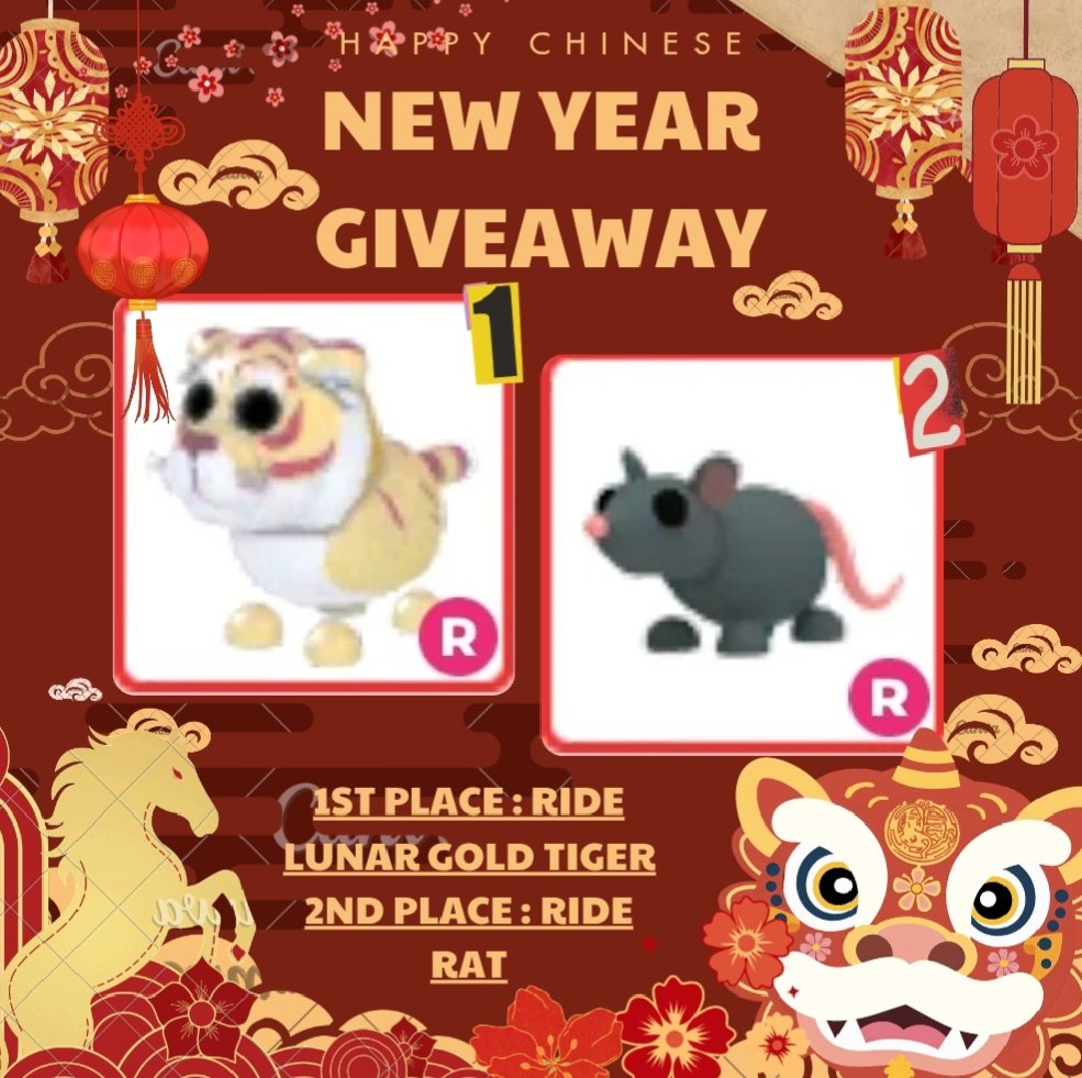 CHINESE NEW YEAR GIVEAWAY ‼️
🏮°. Rules =
1] Follow me !
2] Like &amp; Retweet :3
3] Tag friends! (If you don't have anyone to tag, you can tag me)
4] EXTRA ‼️ = What is your Chinese Zodiac Sign? :D

🏮°. Prizes =
1st place : Ride Lunar Gold Tiger
2nd place : Ride Rat